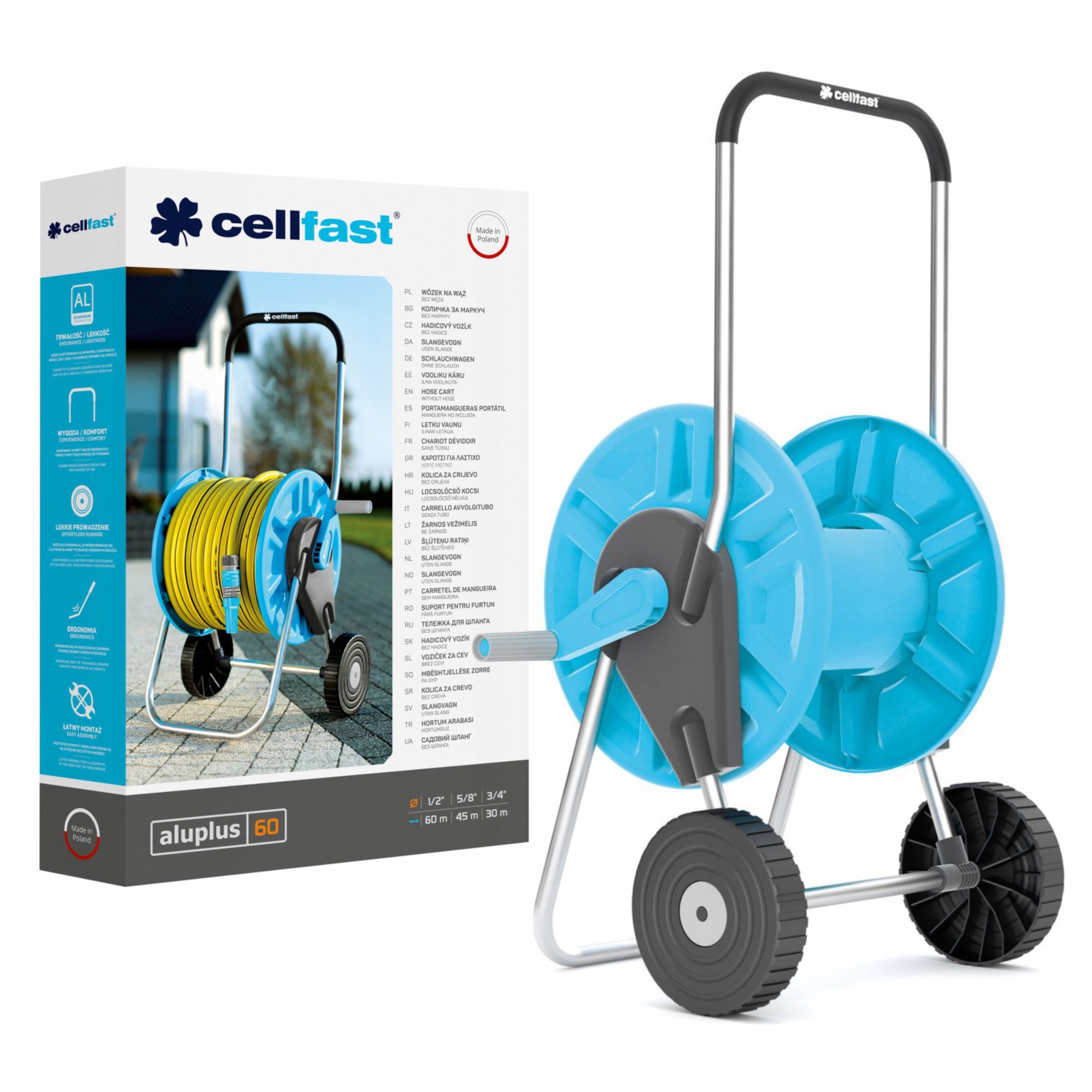 CELLFAST SOLIDNY STOJAK ZWIJACZ BĘBEN WÓZEK WĄŻ OGRODOWY ALUPLUS 1/2" 60M