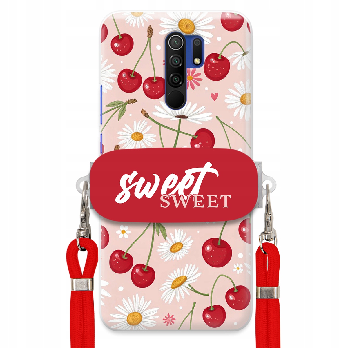 Puzdro pre Xiaomi Redmi 9 Červené vodítko Crossbody držiak Sweet Kvet čerešne