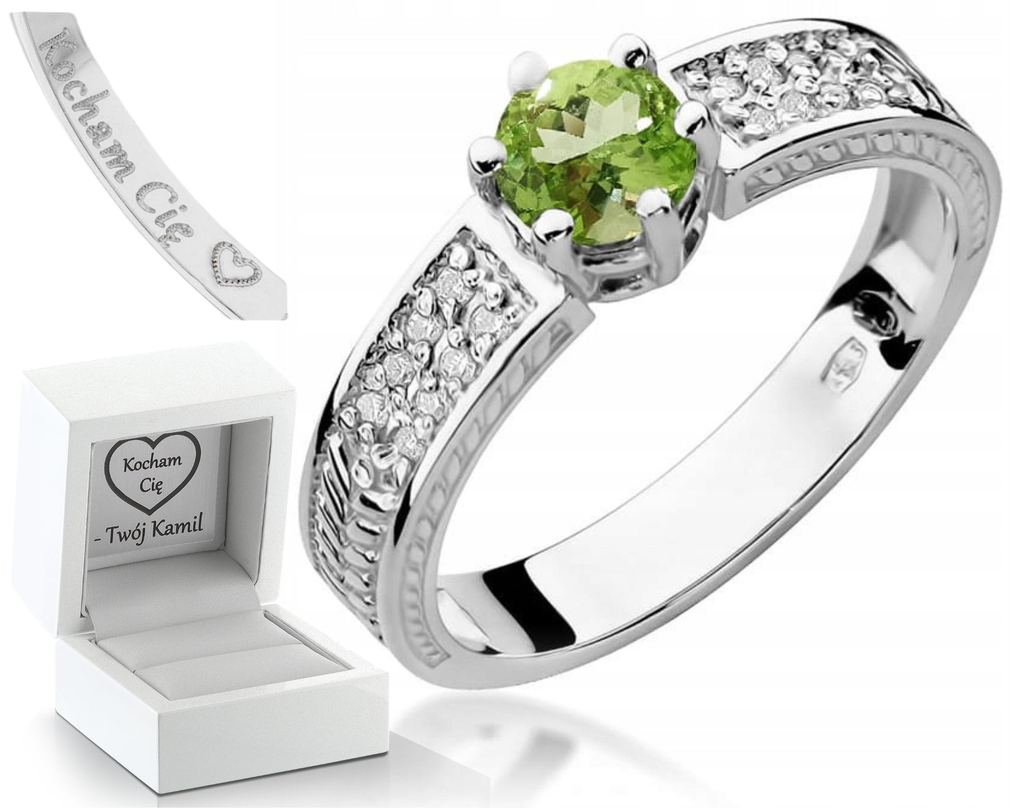 Prstýnek Prsten Z Bílého Zlata S Diamanty Peridotu 585, Dárek Gravírování