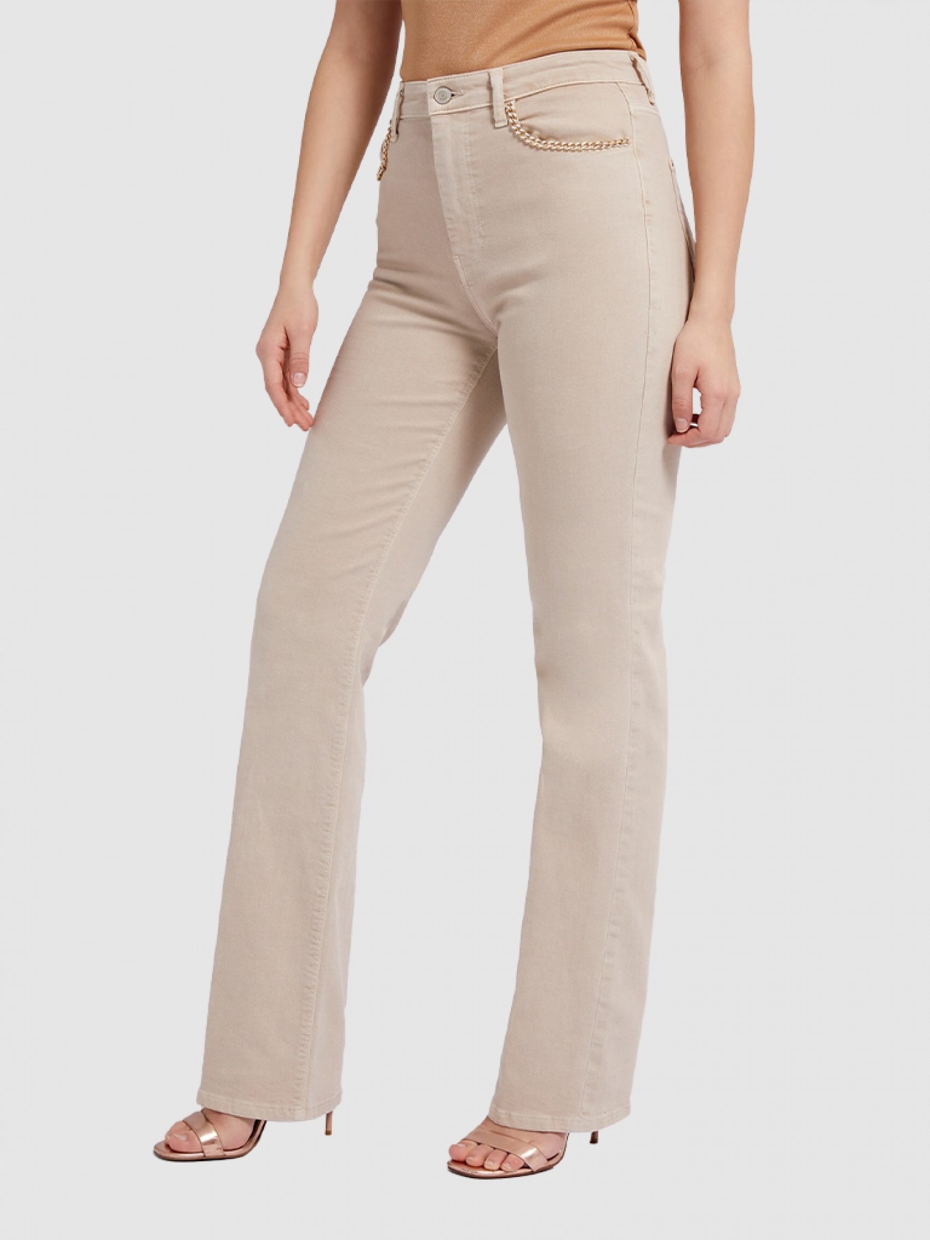 Guess Bežové Džíny Zlaté Řetízky Wide Leg Dlouhé 30 Ggd