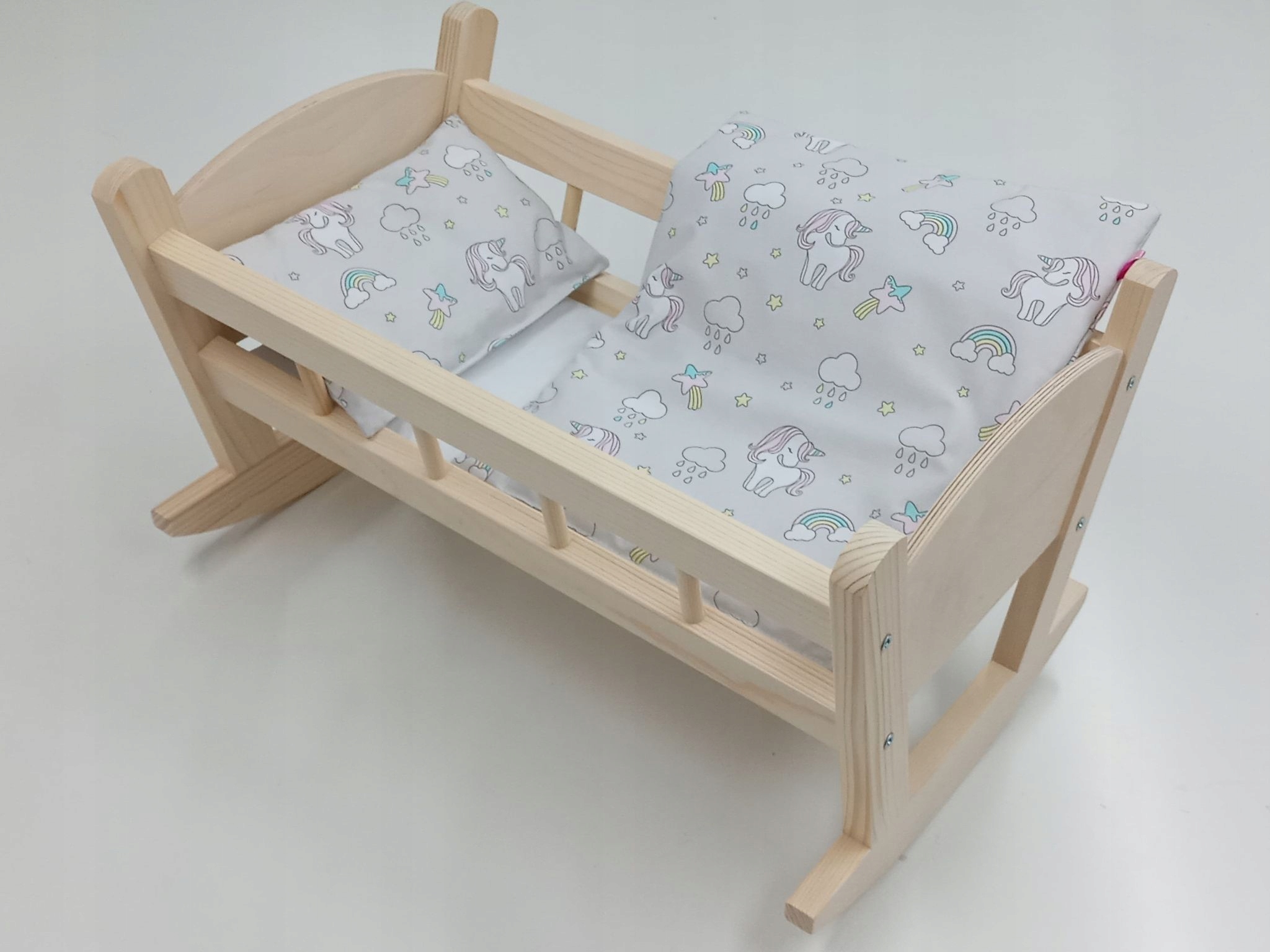 

Kołyska Duża drewniana dla lalek Pościel 3 el.