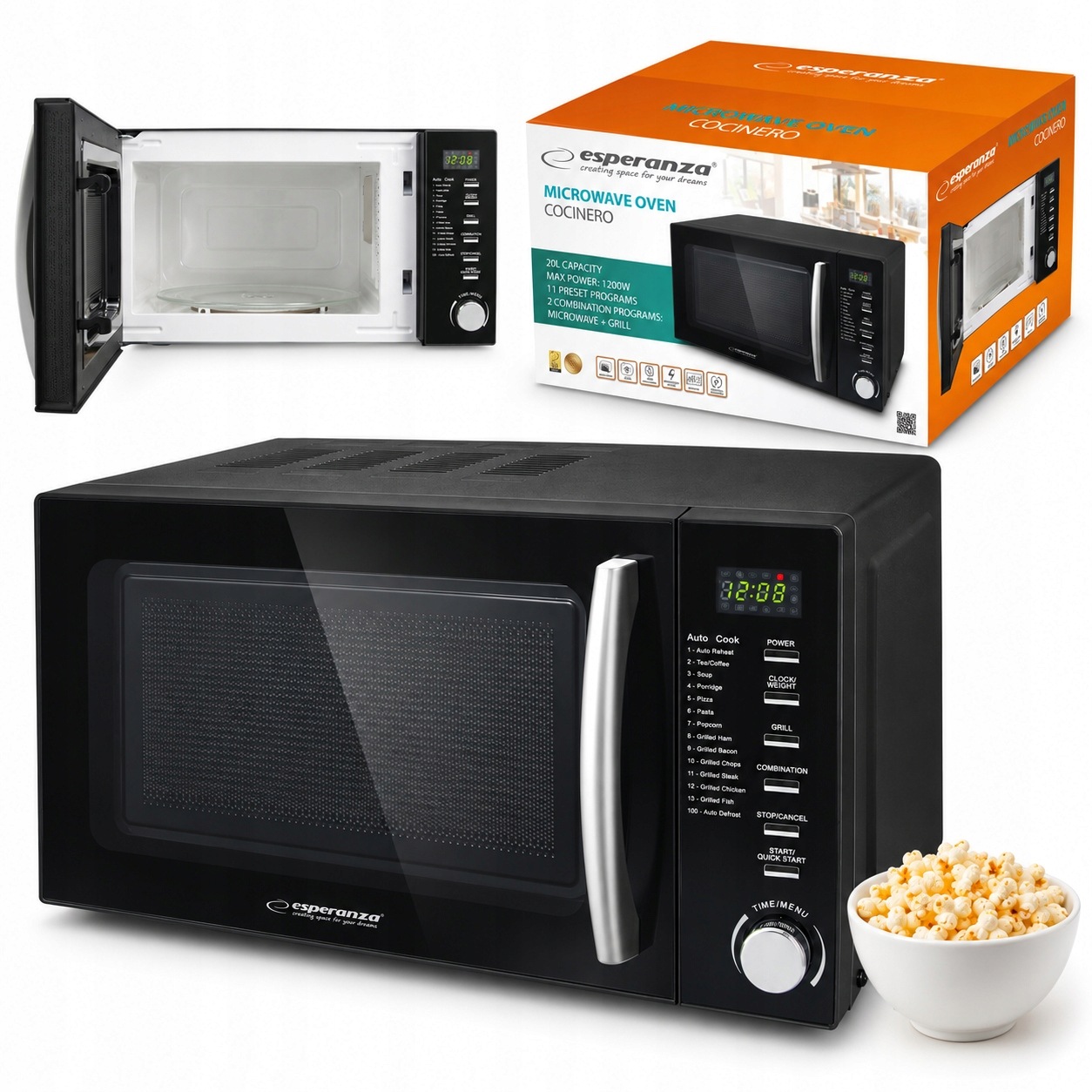 Kuchenka Mikrofalowa Z Grillem 1100W Mikrofalówka Czarna Rozmrażanie 20L
