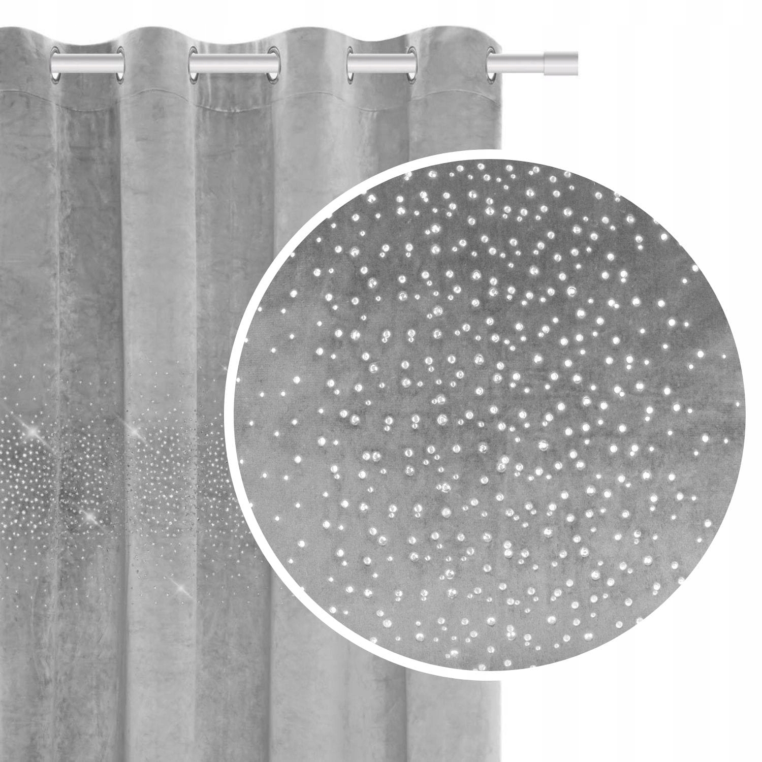 Hotový závěs na průchodkách Shiny 140x250 velurová s krystaly popelavá