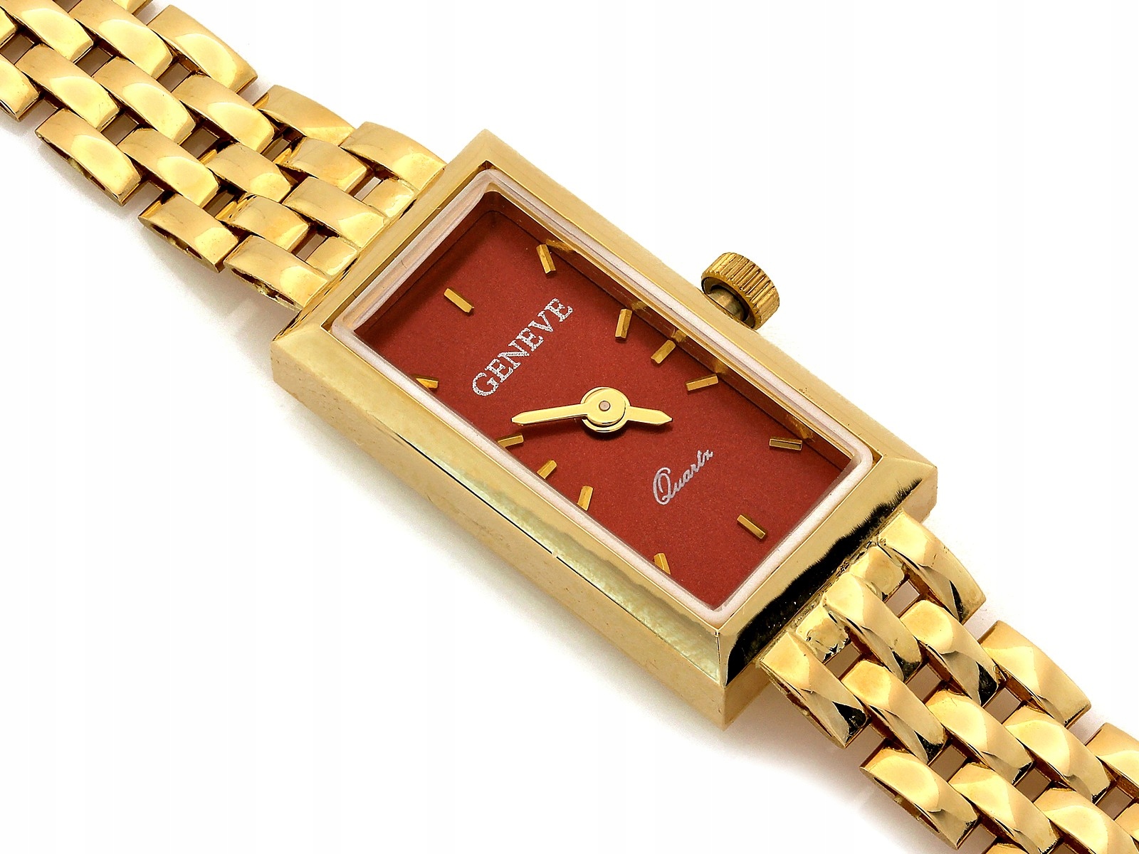 Elegantní dámské hodinky 585 ze žlutého zlata, červený obdélníkový ciferník