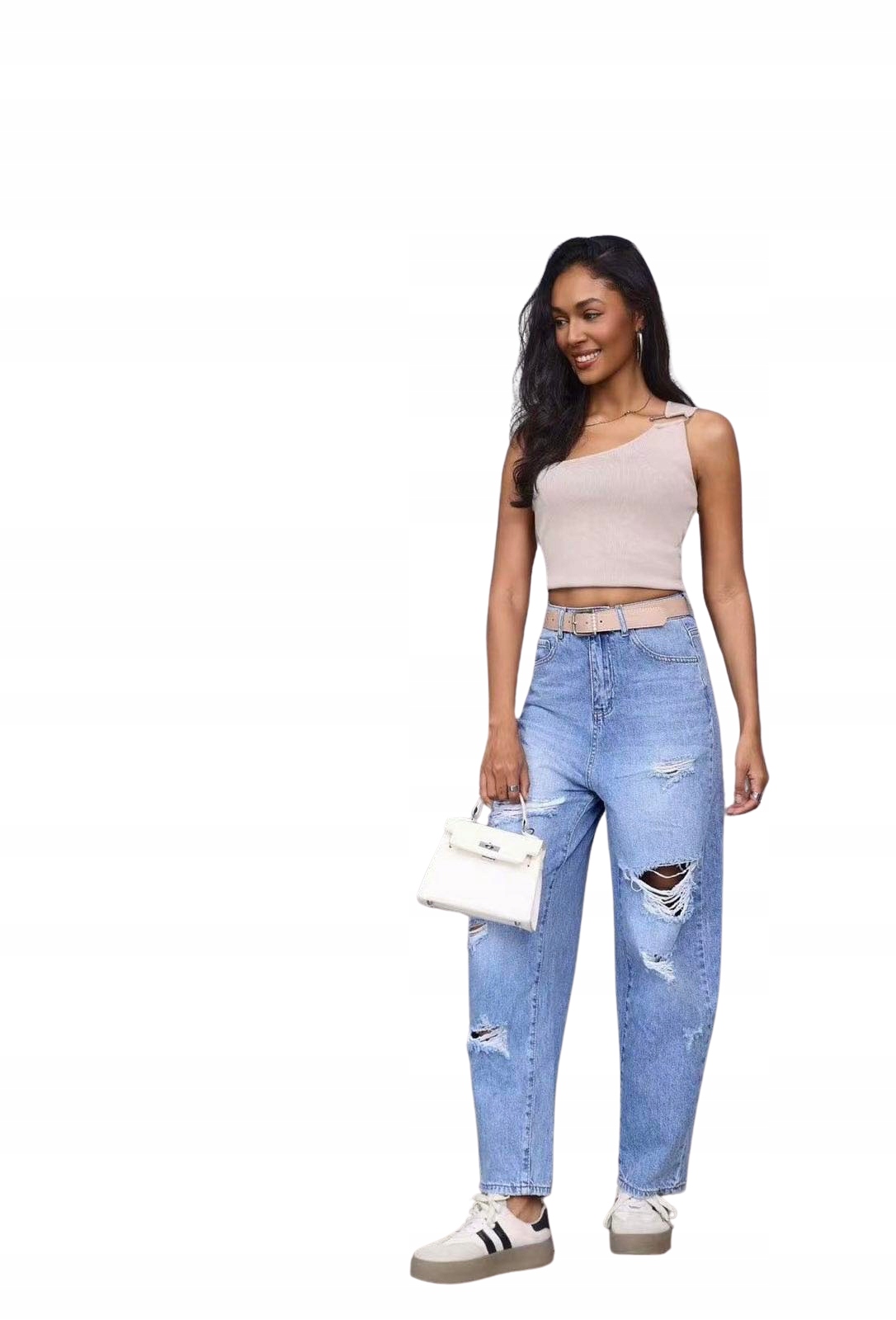 Spodnie jeansowe damskie z dziurami wysoki stan M.Sara Balloon Fit+pasek L