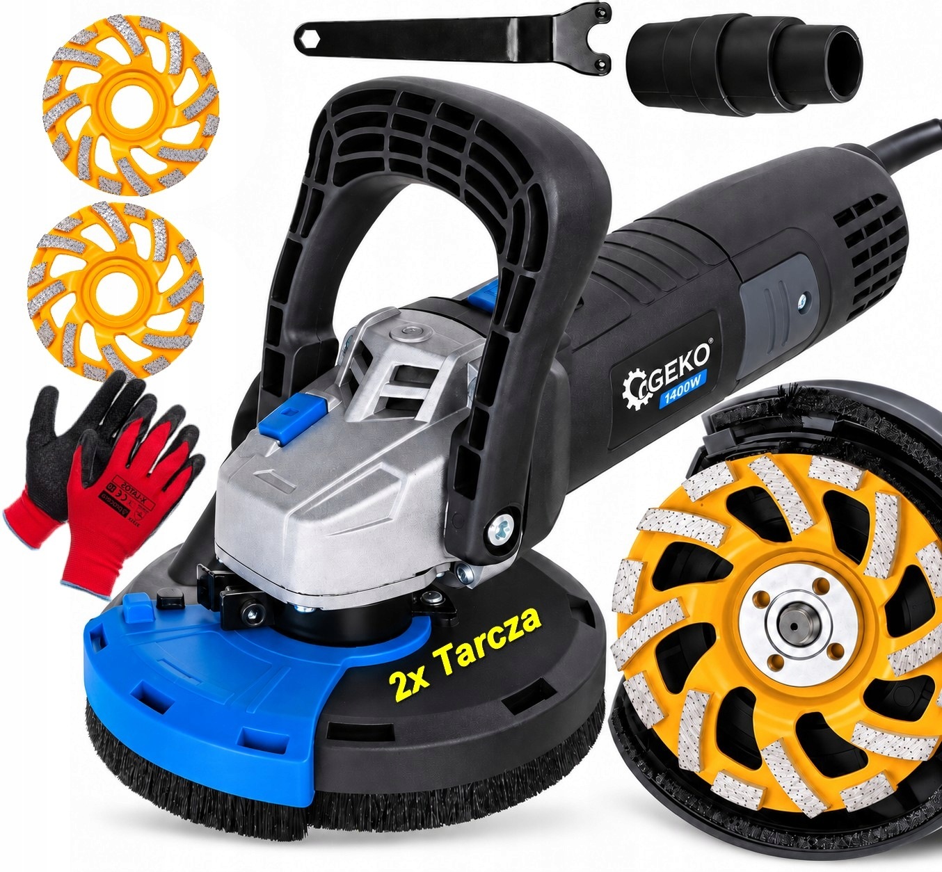 Szlifierka do Betonu z Odciągiem 230V Mocna 1400W 125mm 2 Tarcza Garnkowa