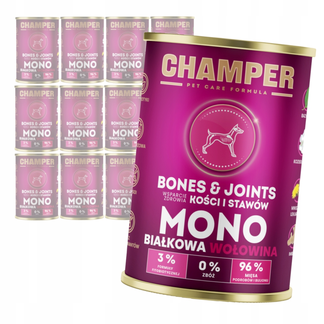 Levně Champer Bones & Joints 12x400g Monoproteinové Vlhké Krmivo pro psy s hovězím masem