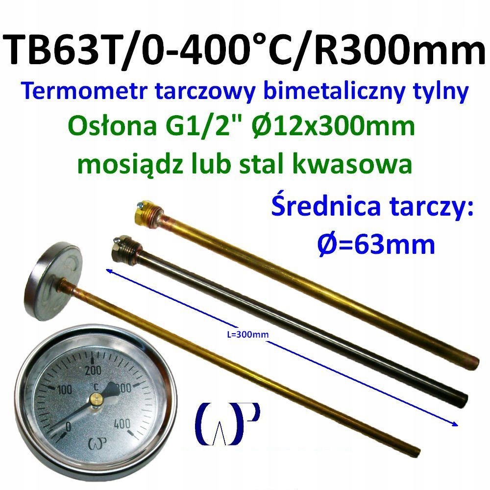 Bimetalický kotúčový teplomer TB63T/0-400°C s kyslou clonou G1/2" 300 mm