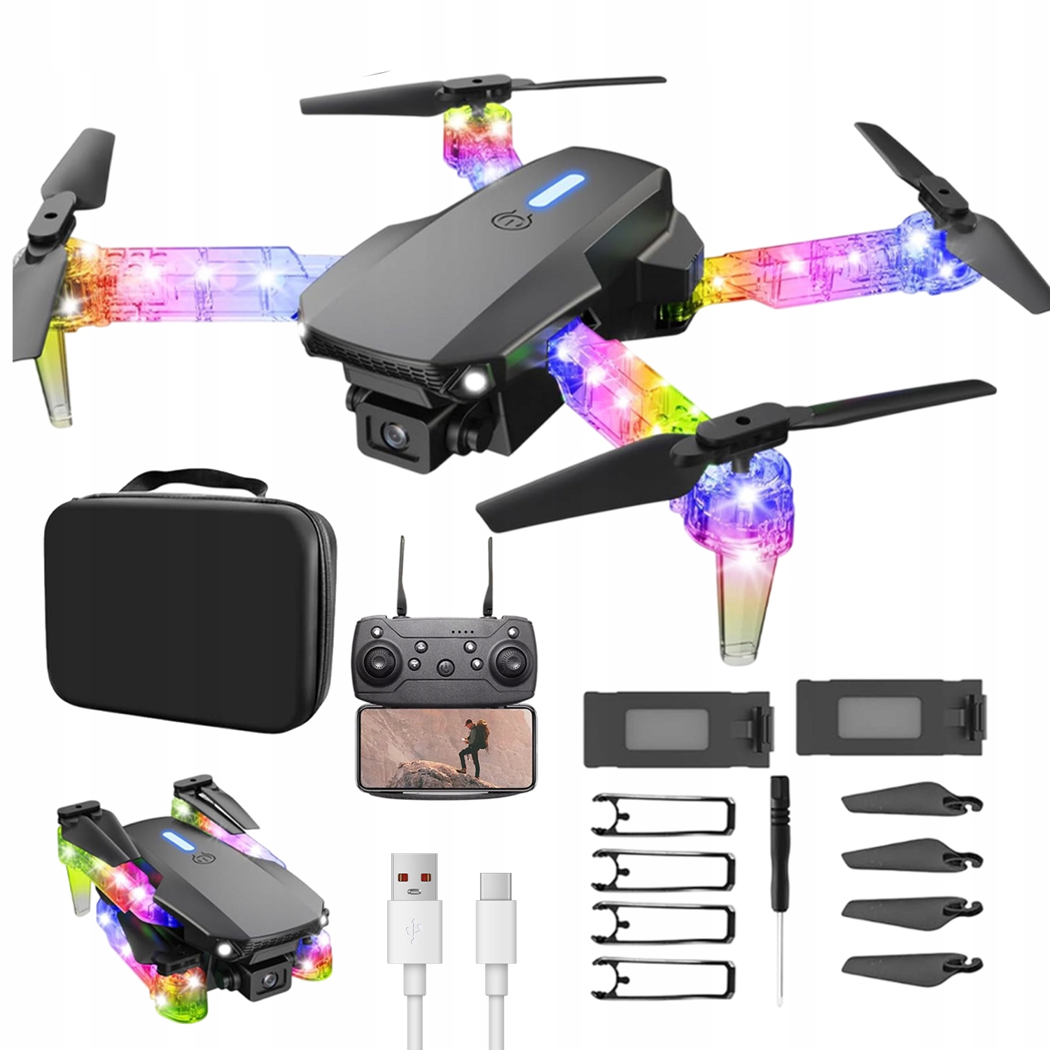 MINI DRON Z DWIEMA KAMERAMI FPV WIFI ŚWIATŁA LED DLA DZIECI NOCNY LATANIA