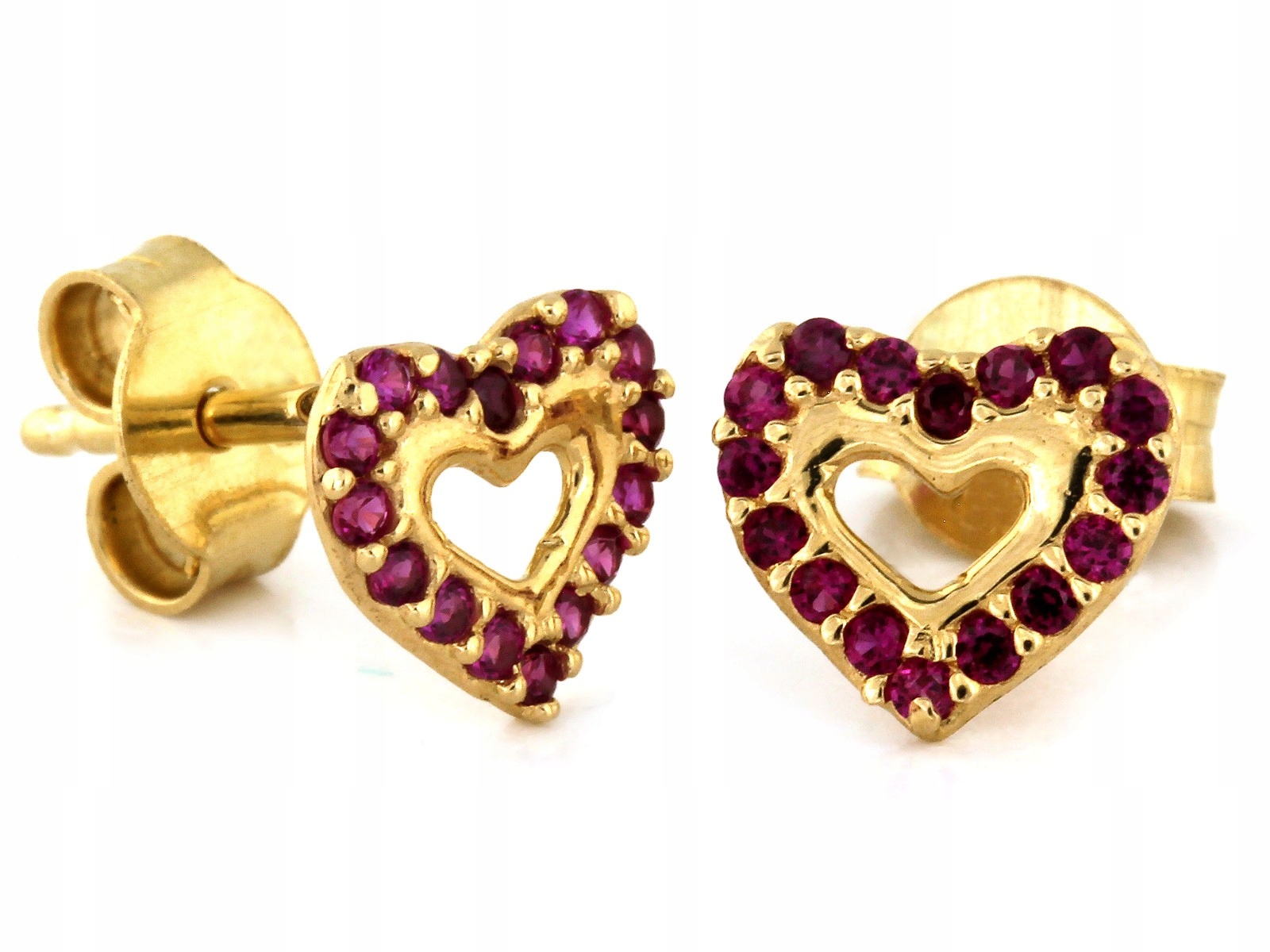 Náušnice zlaté na tyči srdce 585 s červenými kameny jako dárek