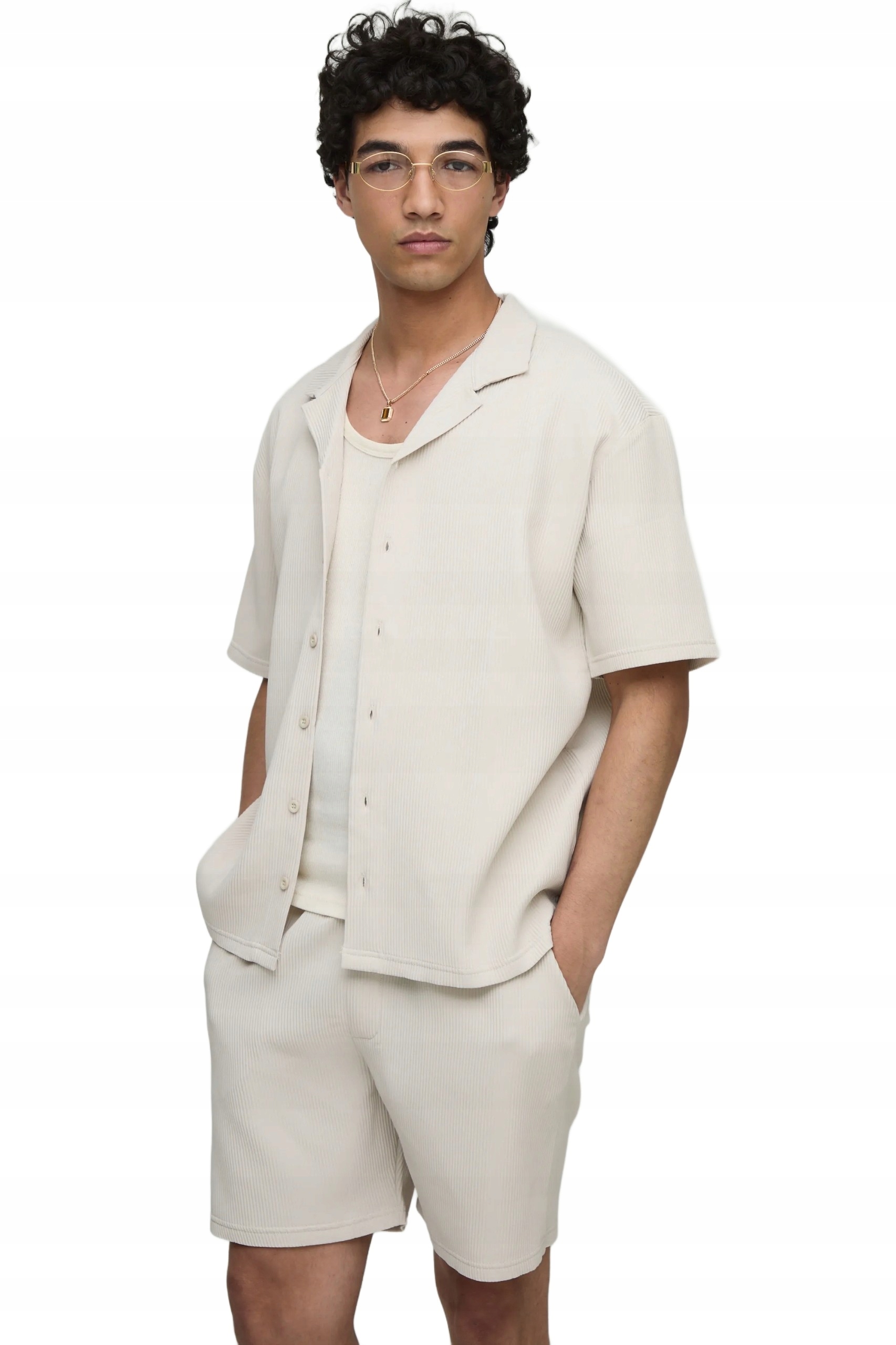 Boohooman Pánský Komplet Béžová Košile A Šortky Bez Vzoru L Z3A