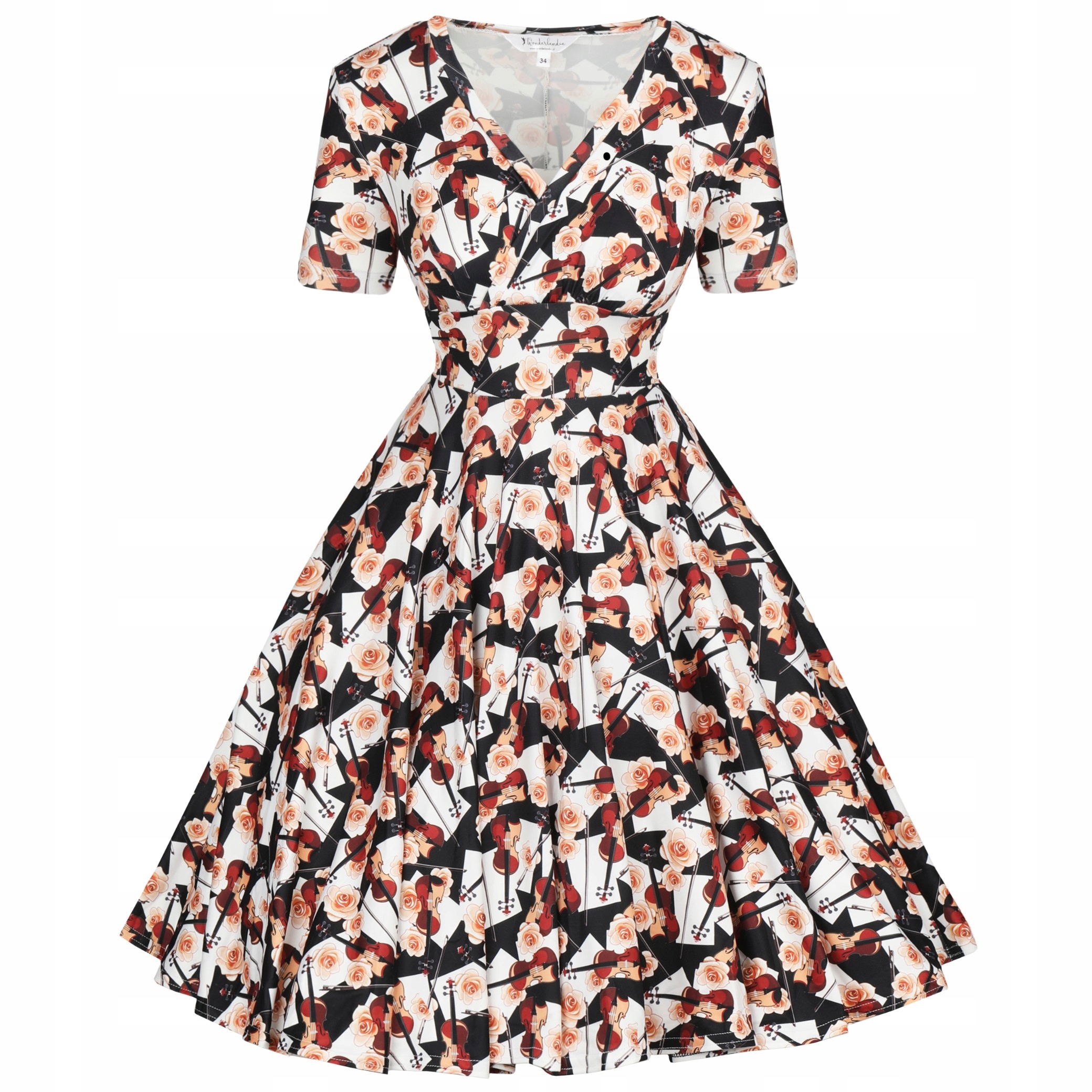 Šaty Pin Up hudební s houslemi, růže, černobílá, prošívaná retro