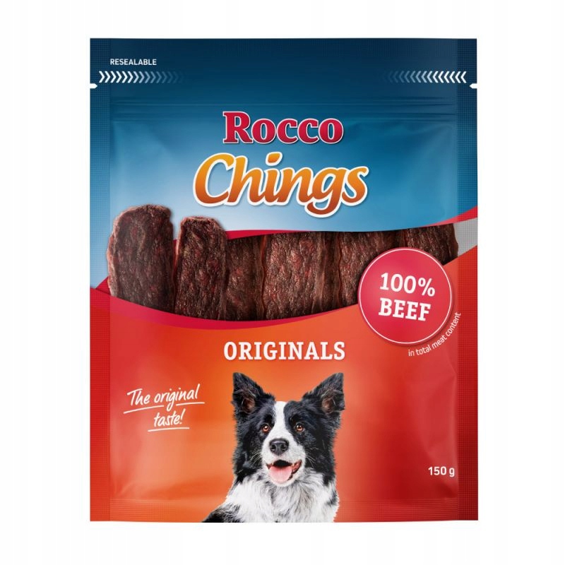 Rocco Chings Originals hovězí sušené proužky, pamlsek pro psa 4 x 150 g
