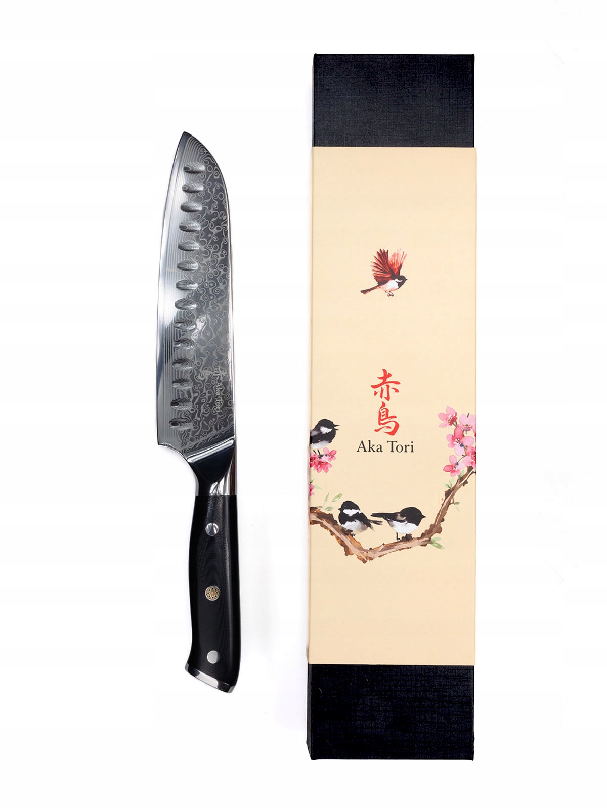 Japonský nôž šéfkuchára Aka Tori Santoku Damašková oceľ Osaka Pro 18 cm
