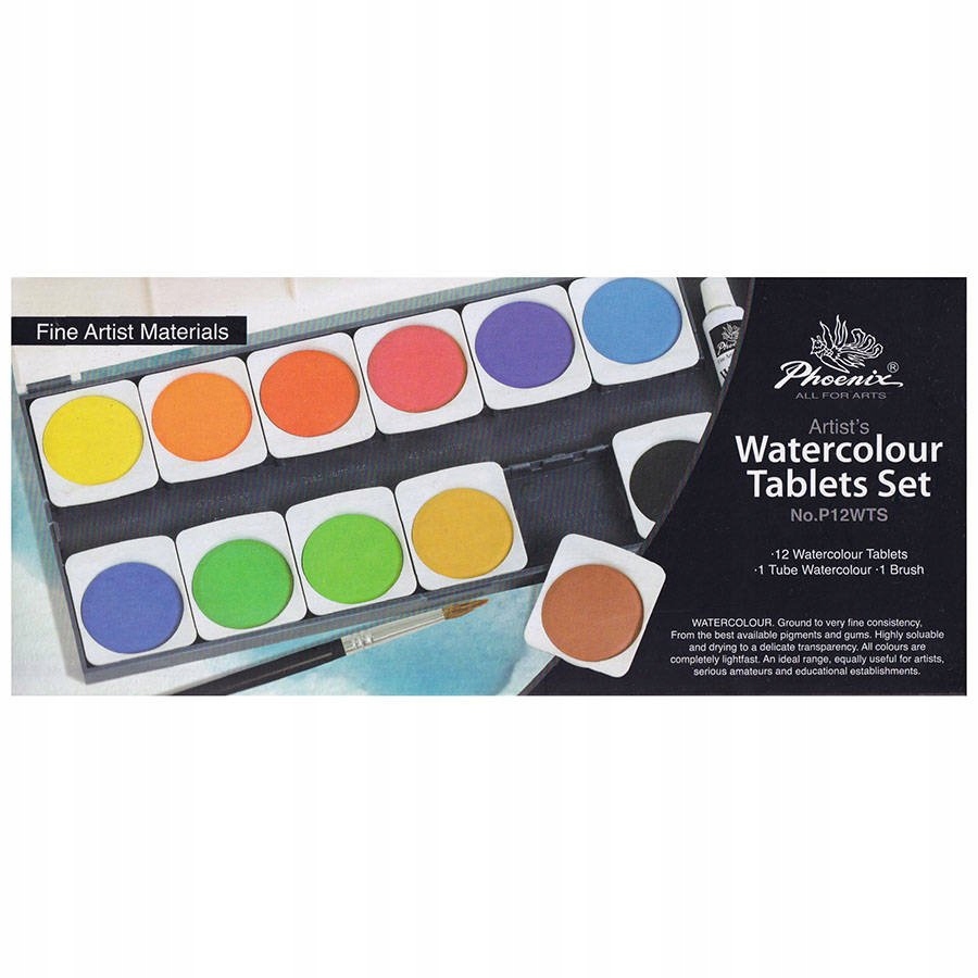 Farby akwarelowe Phoenix 12 kolorów w pastylkach i pędzelek do malowania Kod producenta P12WTS