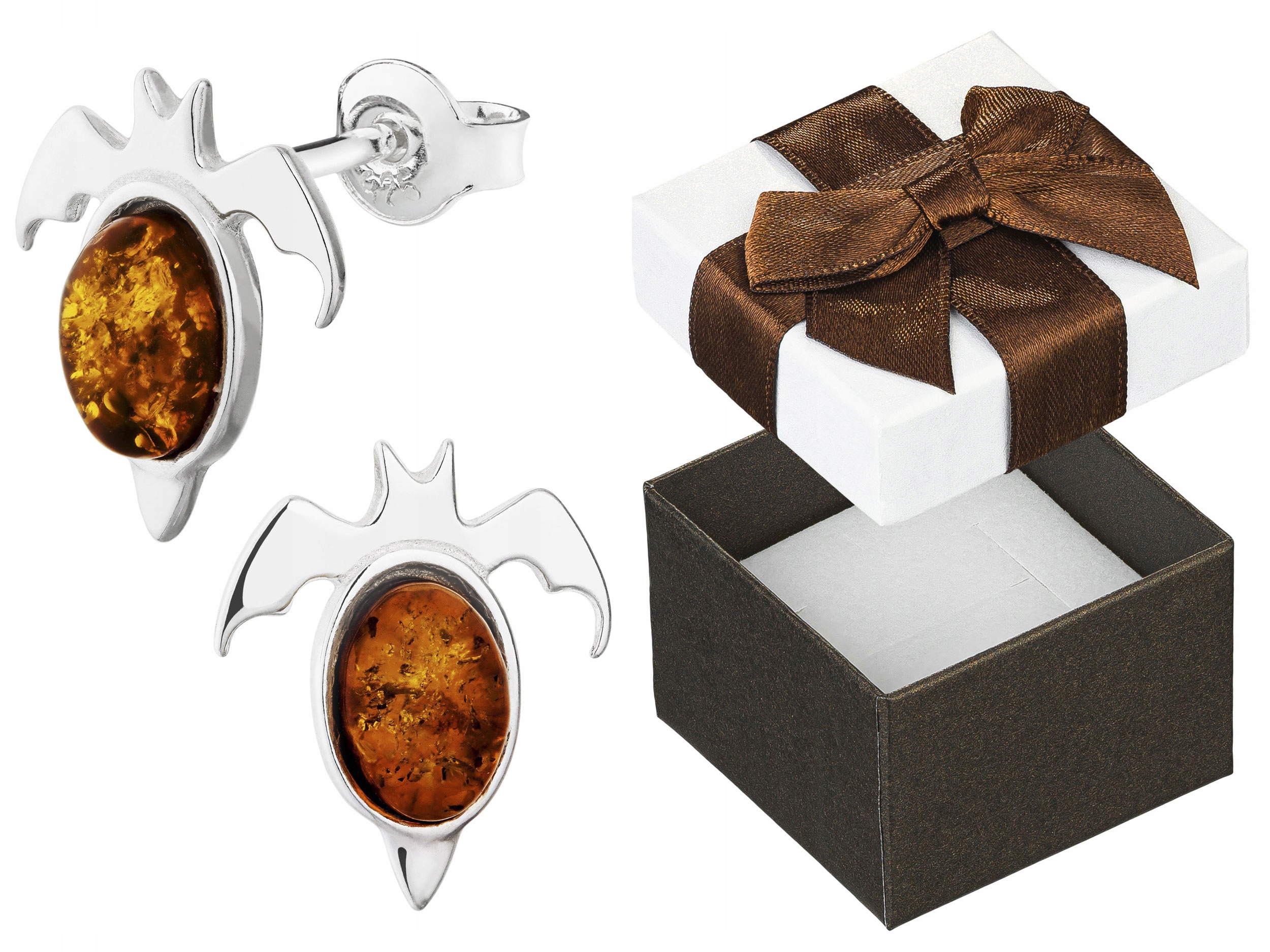 Stříbrné Náušnice Netopýři s Jantarem Dámské Puzetky Netopýr Stříbro