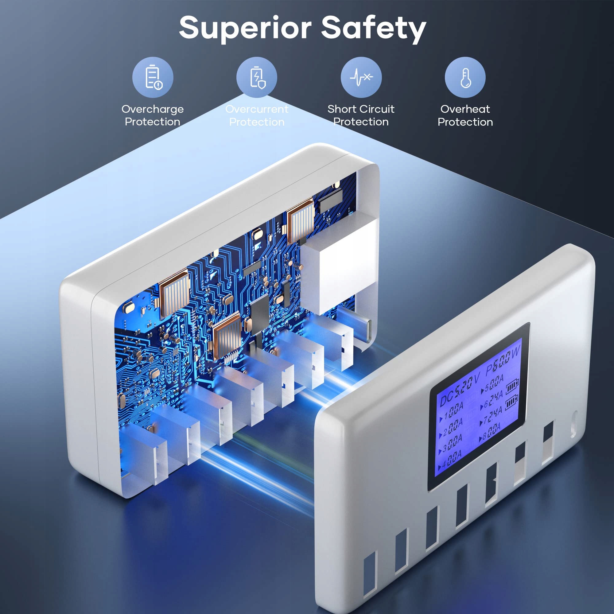 USB HUB Ładowarka 60W 8 Portów z Wyświetlaczem — miniatura 3