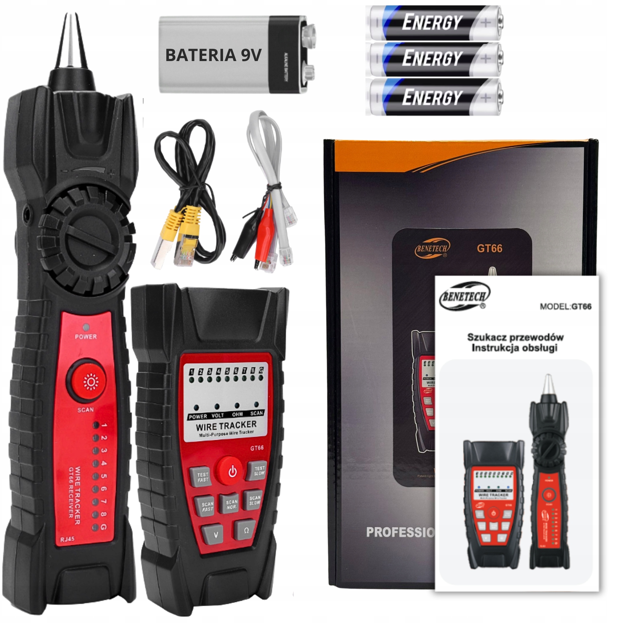 Szukacz Par Przewodów Tester Kabli Sieciowych Sonda RJ45 RJ11 LCD Baterie