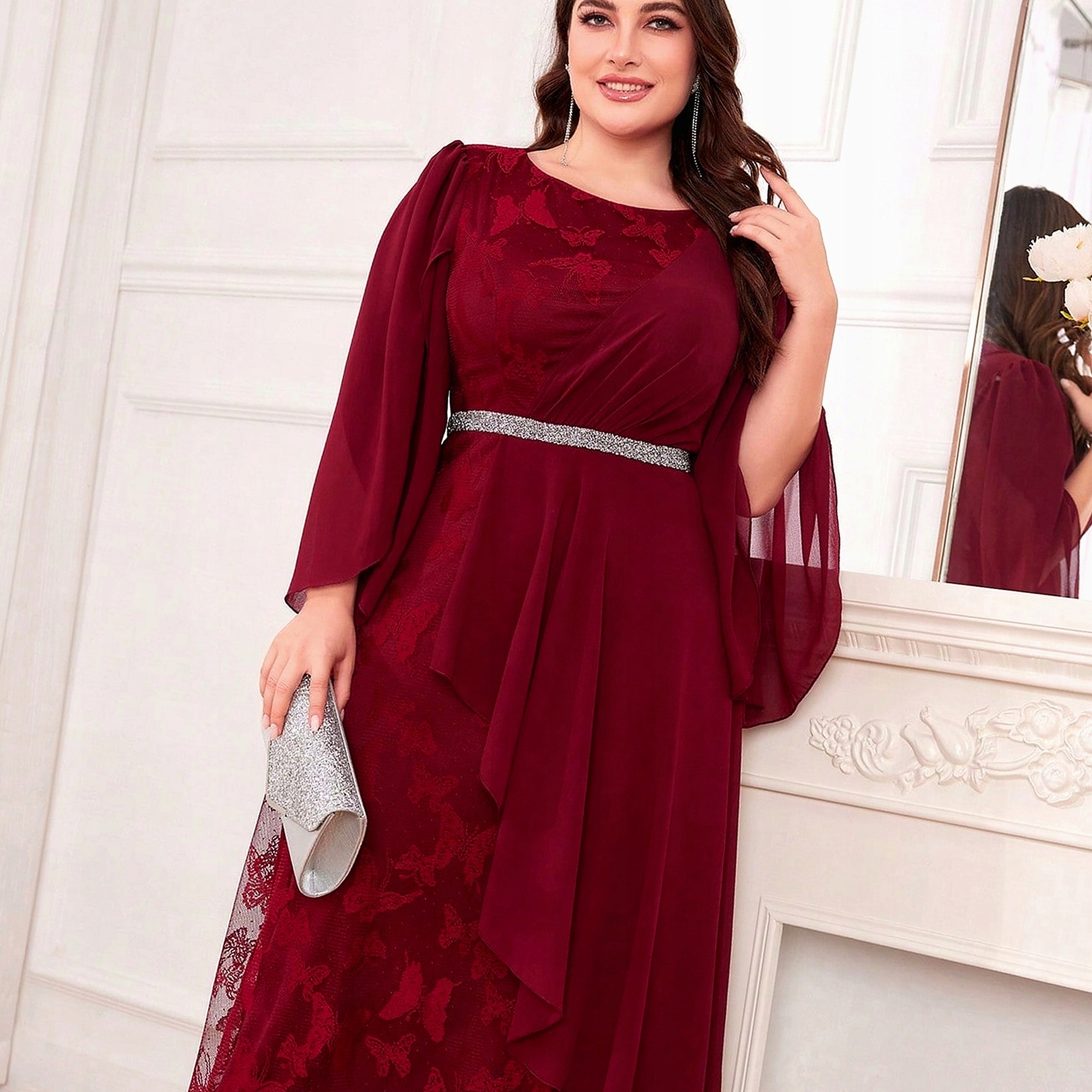Šaty Burgundská Balová Vzdušná Z Korunky Dlouhá Dámská 4XL 48