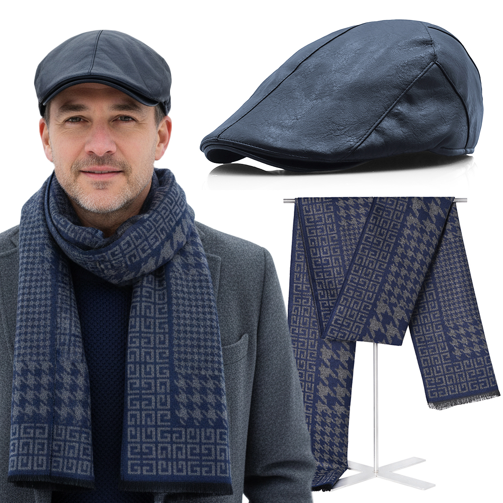 Pánská kožená plochá čepice a šála Pako Jeans módní Dárek sada