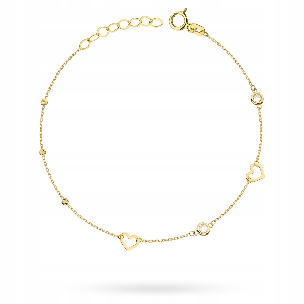Zlatý Náramek Dámský pr. 585 14k Srdce Srdíčka Korálky a Zirkony