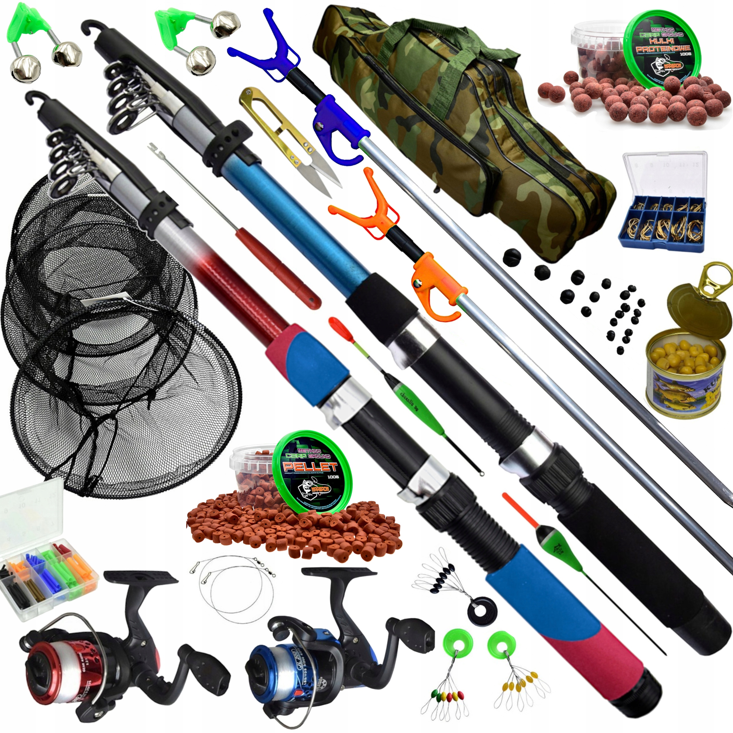 Rybářská Sada 2x Rybářský prut 2x Naviják Taška Síťka Opěrky Pellet Akceso