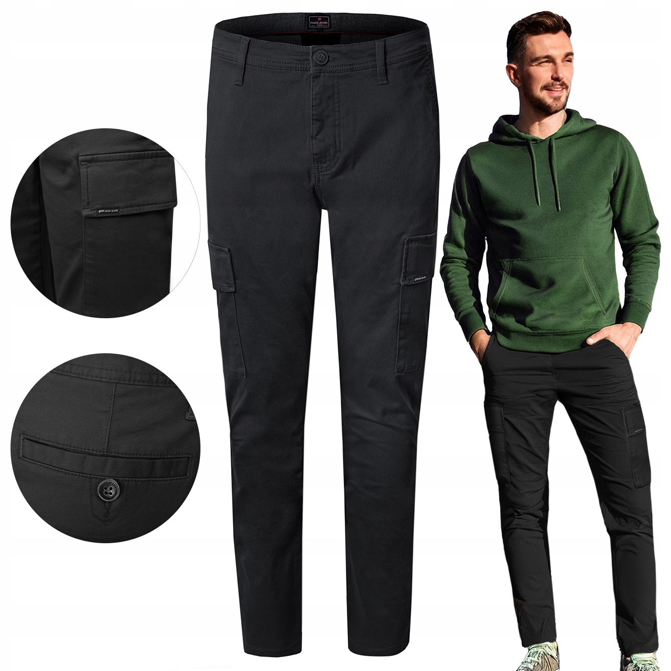 Pánské kalhoty s kapsami Cargo Černé Slim Fit W30/L32 Pako Jeans