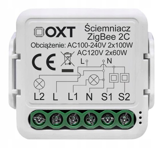 OXT Mini Ściemniacz 2 Obwody ZigBee TUYA Smart Life Zigbee2MQTT