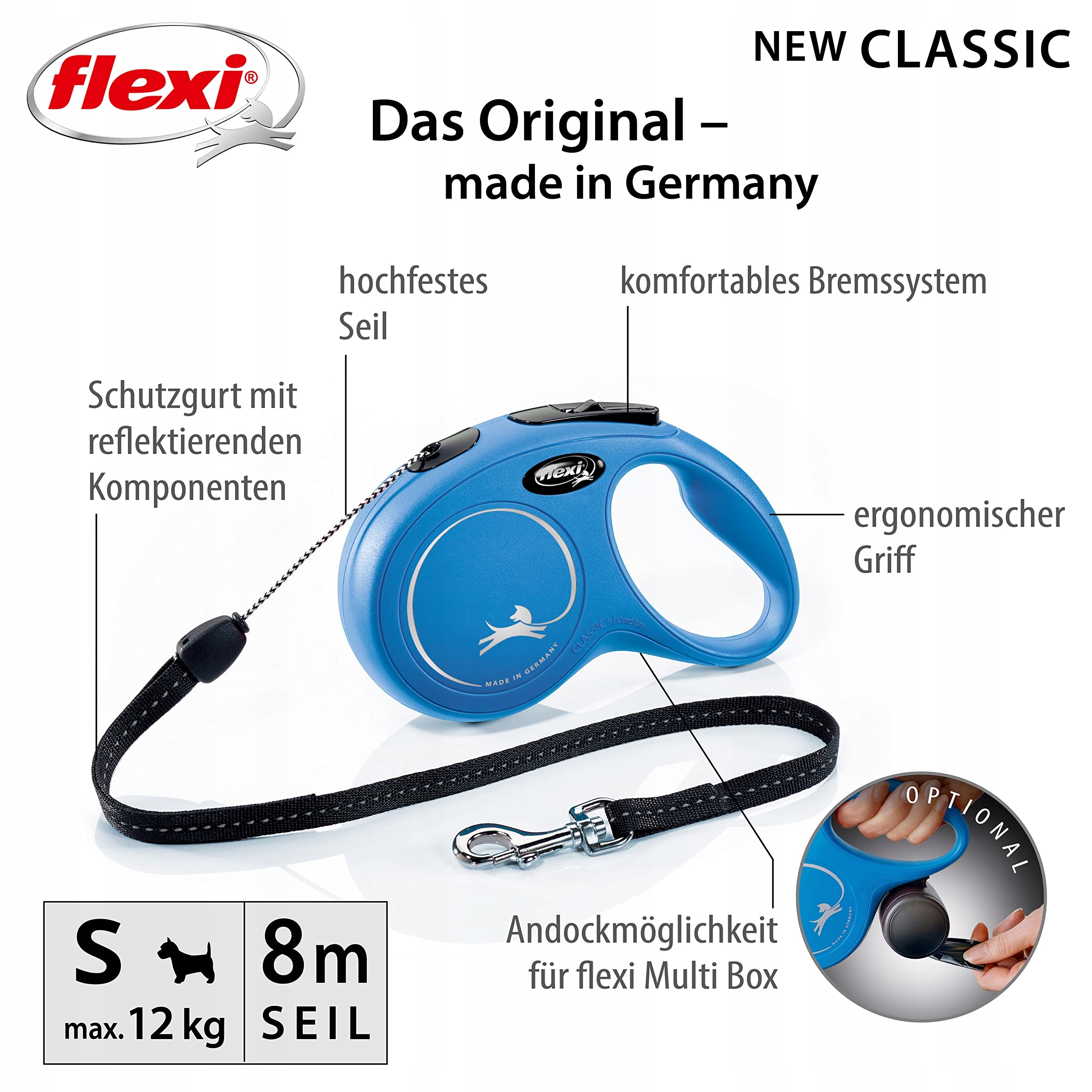 FLEXI New Classic S Smycz 8m Niebieska Dla Psów Do 12kg — miniatura 2