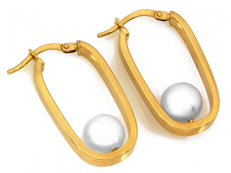 Zlaté náušnice 585 lesklé oválky s perlovou kuličkou kreol 2.98g