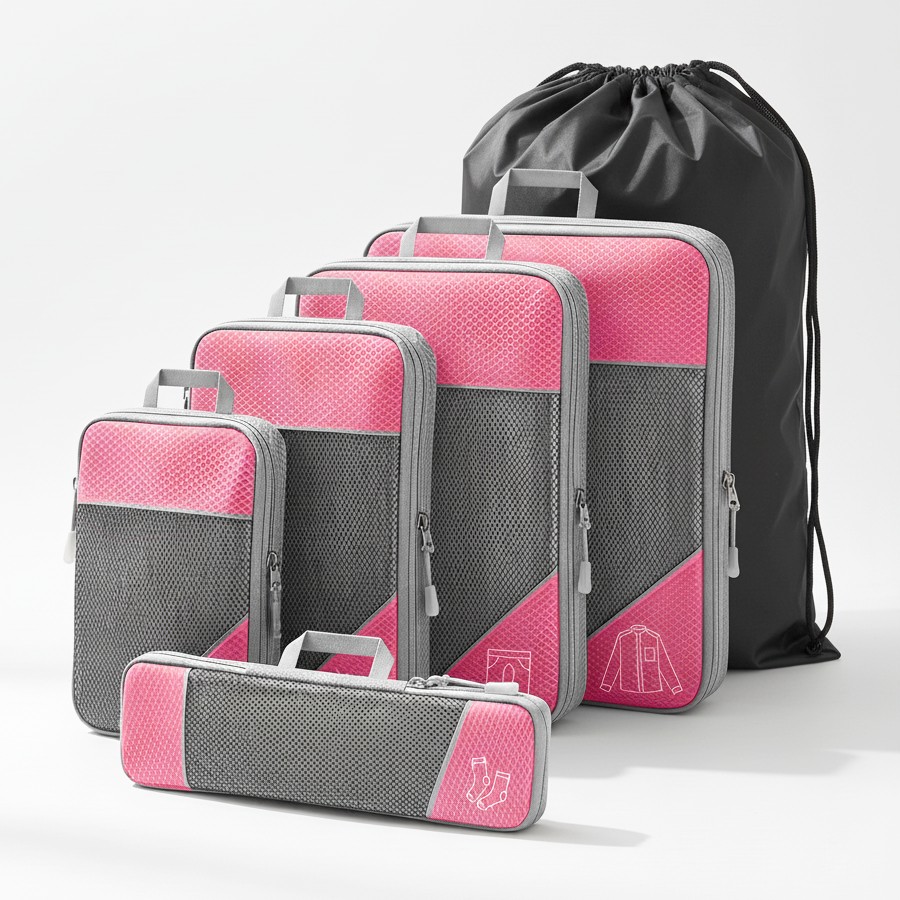 Zestaw 6 szt etui podróżne kompresyjne organizer do bagażu różowy