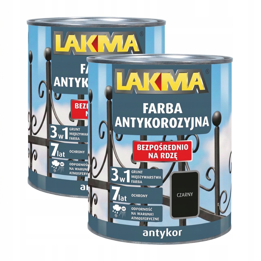 Antykor Farba Antykorozyjna Bezpośrednio Na Rdzę Czarna 0,75L Lakma 2SZT.
