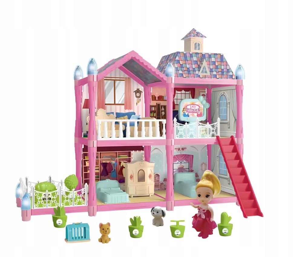 DOMEK DLA LALEK Z 2 PIĘTRAMI 4 POKOJAMI 112 ELEMENTÓW TARASEM ZEWNĘTRZNYM