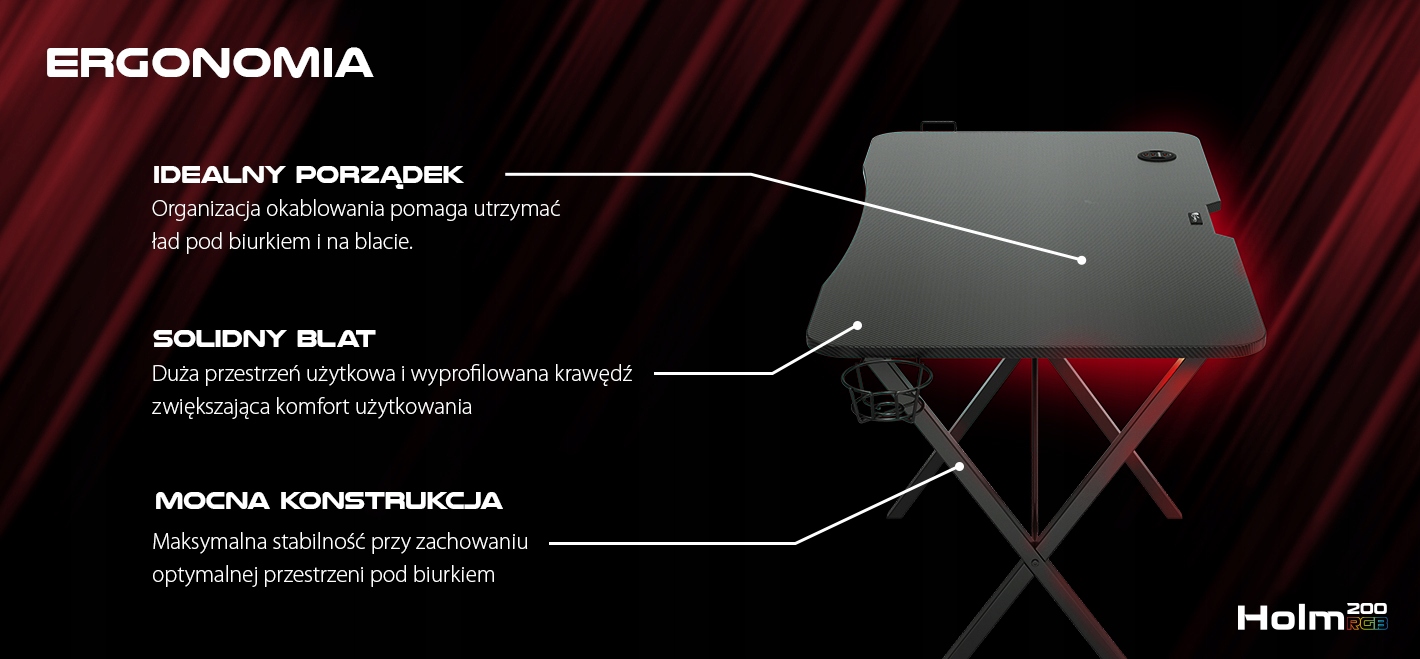 Biurko Gamingowe GENESIS Holm 200 Komputerowe dla Gracza RGB LED OUTLET Kształt blatu prostokątny