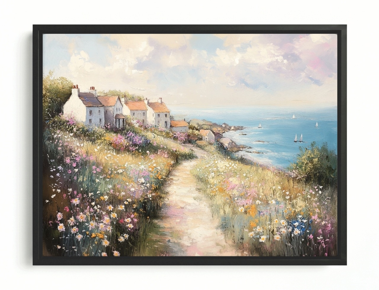 Obraz Rám Americký Box Moře Domky Vesnice Květiny Plachetnice Krajina 80x60