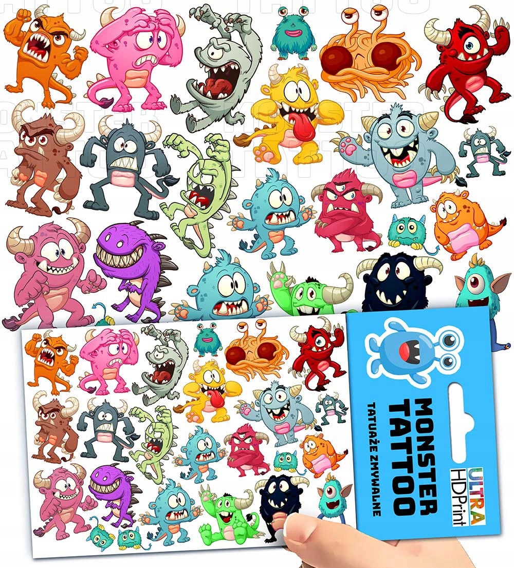 TATUAŻE ZMYWALNE TYMCZASOWE DLA DZIECI MONSTERS POTWORY WZORY ORYGINALNE