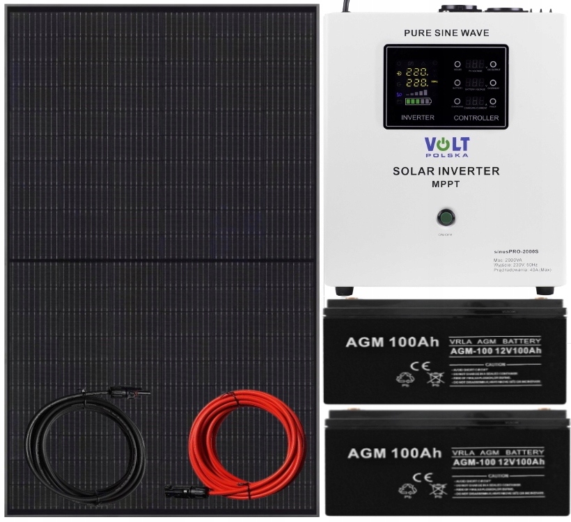 Zestaw Solarny 2000W Inwerter Przetwornica 230V Akumulator AGM 100AH Panel