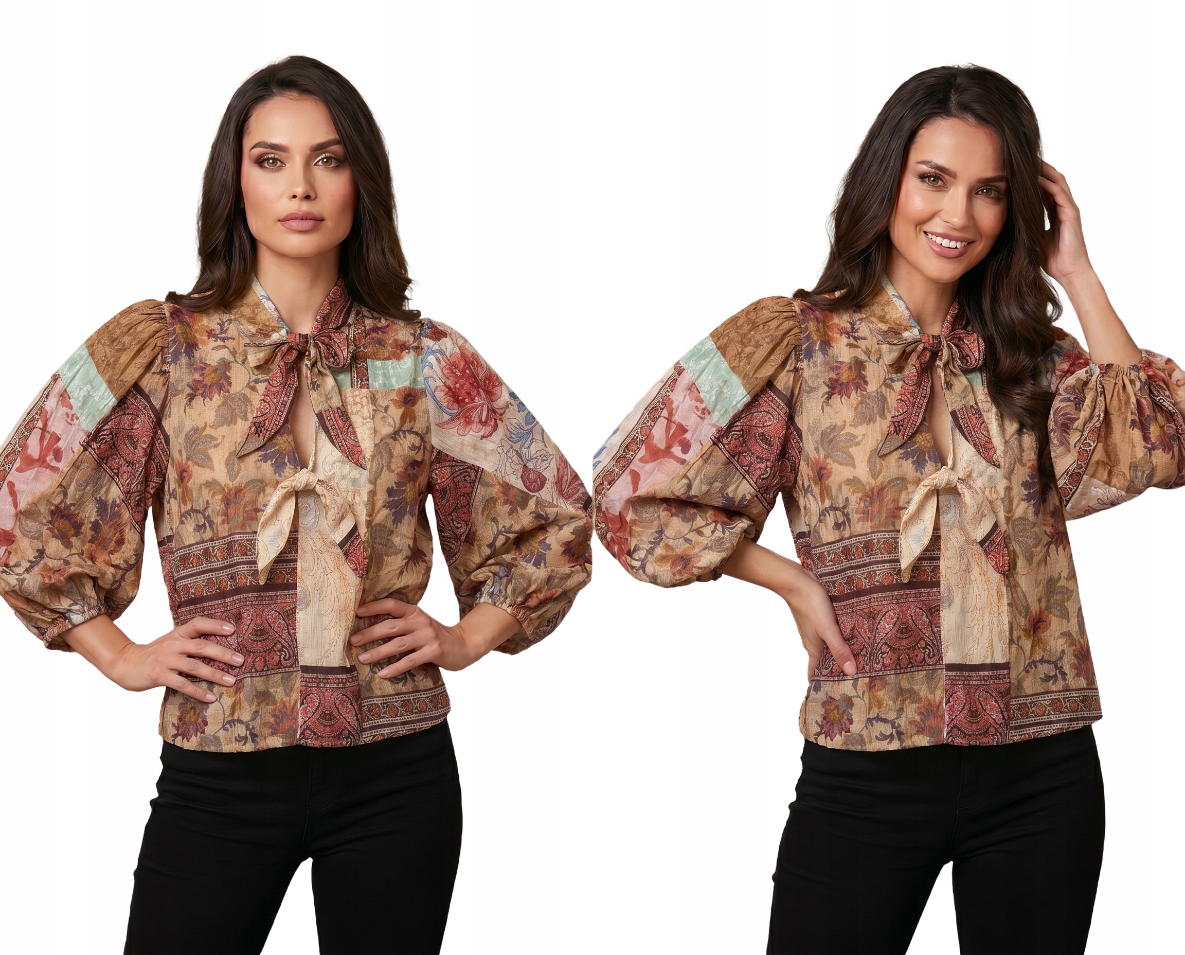 Elegantní Dámská Halenka Se Zavazováním A Květinami Stylový Výstřih Premium Lamiar Béžová