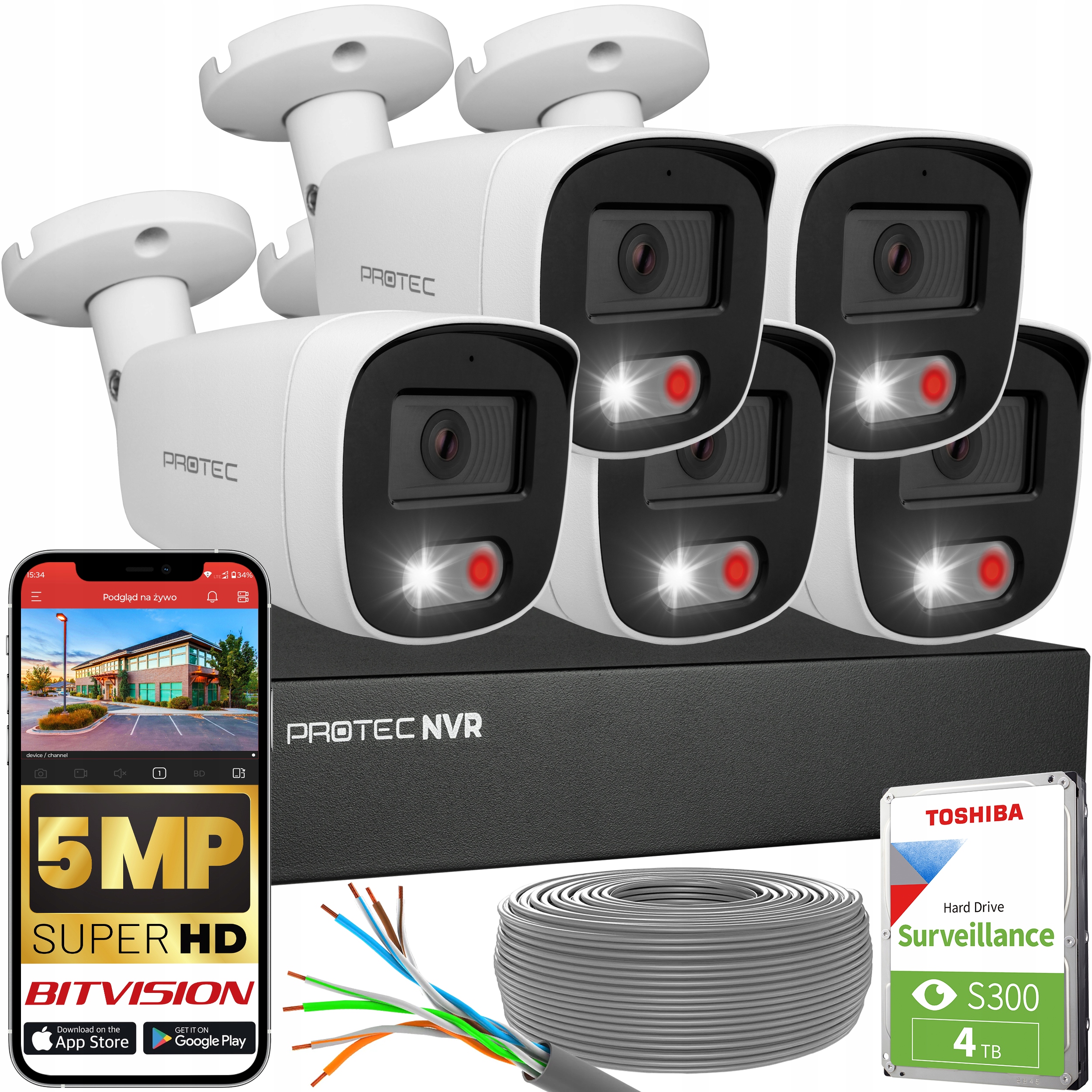 Sada monitorování 5 kamer Ip PoE Full color detekce lidí 5Mpx Hdd 4TB