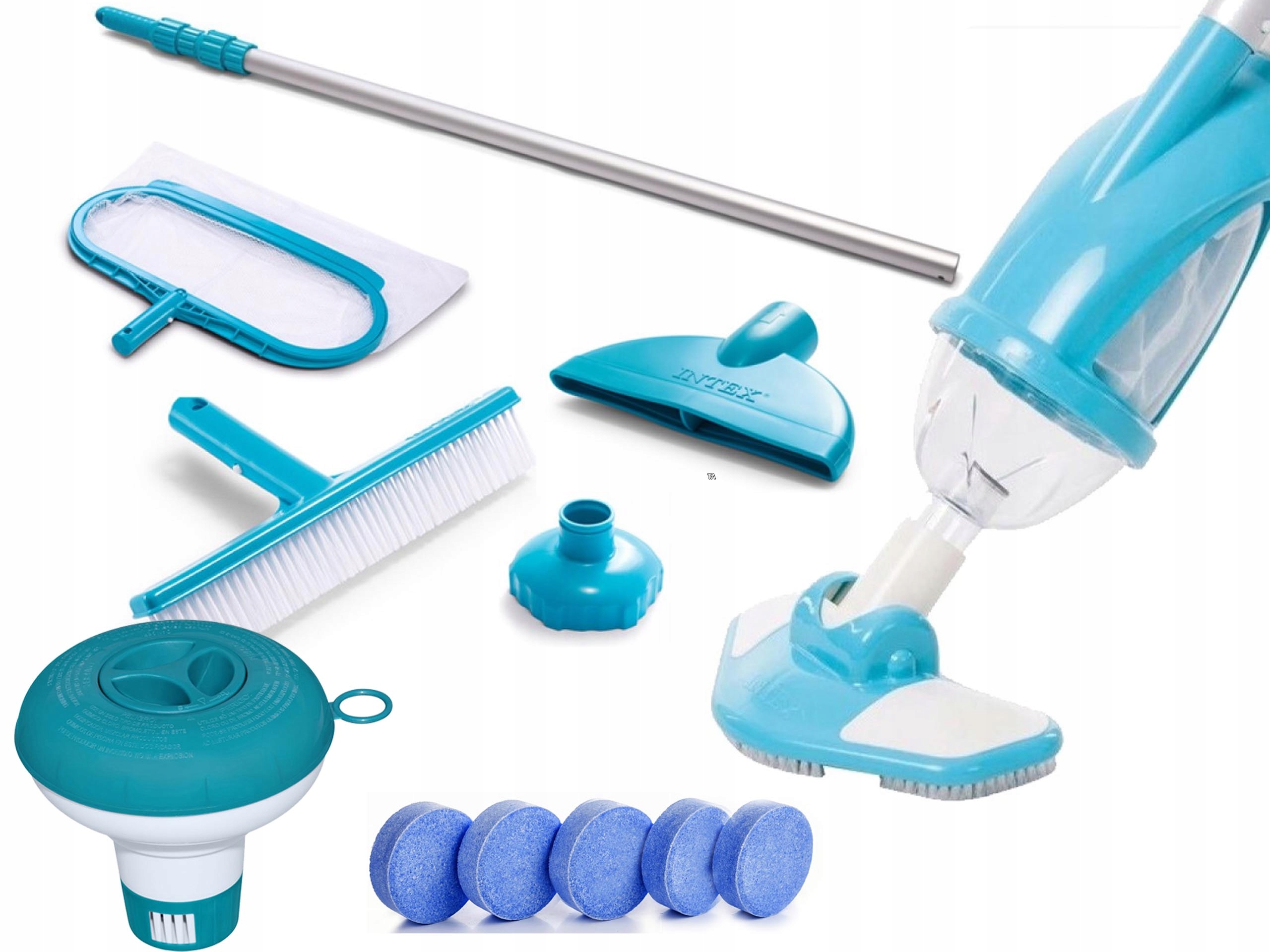 Zestaw Czyszczący Do Basenów Odkurzacz Siatka Kij Dozownik Chemia Tabletki