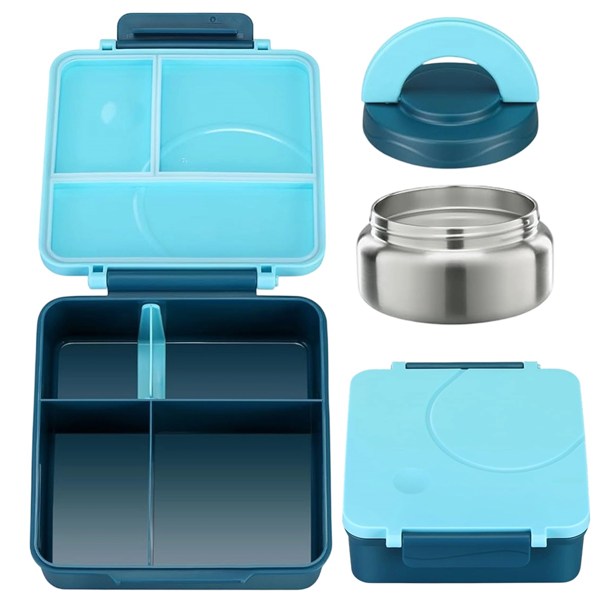 Lunch box 3-4 přihrádky 1600 ml s izolovanou sklenicí 250 ml modrý