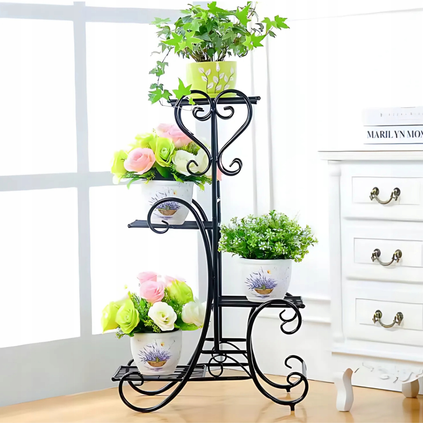 Kovový Držiak Na Kvetináč , Podkrový Stojanný Kvetinový Stojanný Loft Čierný, 4-ÚROVŇOVÝ