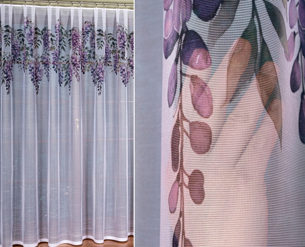Wisteria hotová záclona, tištěná, vel 500 x 220 cm (s lemováním)
