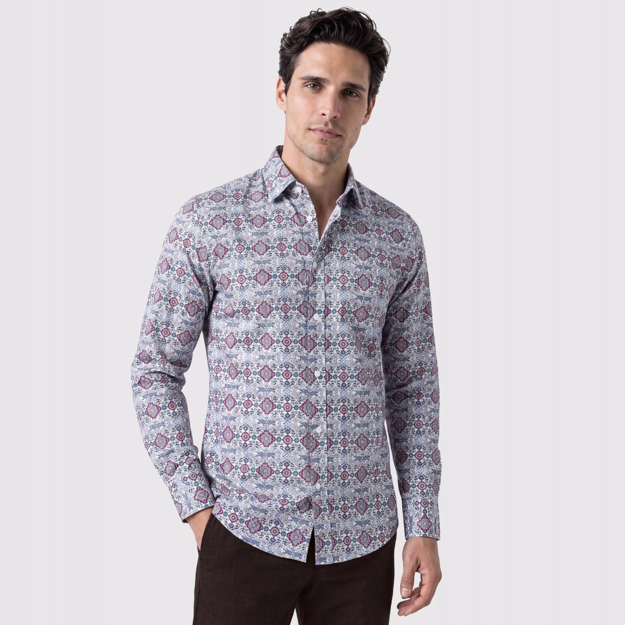 Męska wzorzysta koszula z bordowym akcentem Slim Fit Pako Lorente roz. S