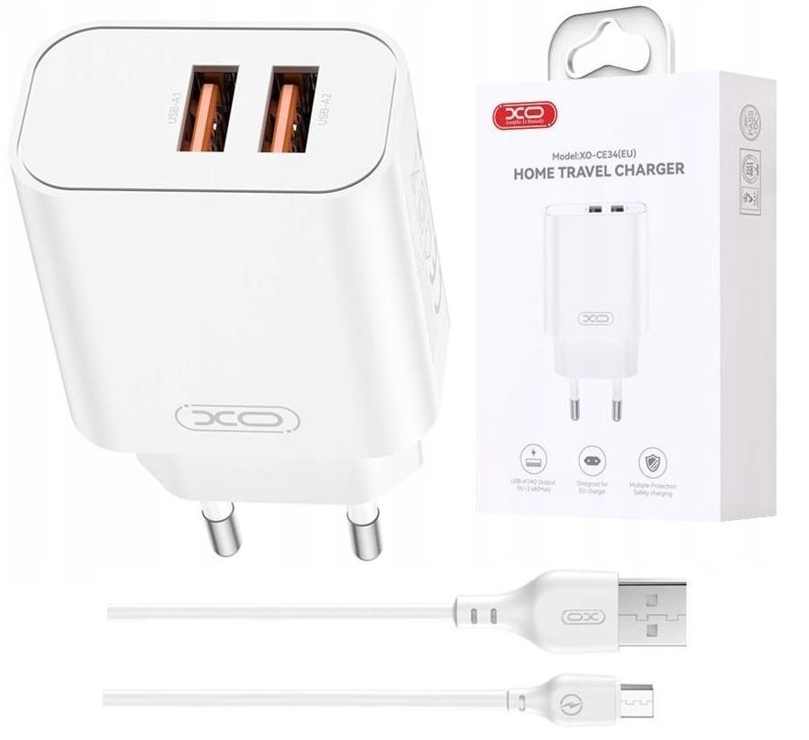 Ładowarka 2x USB z Kablem Micro USB 5V Ładowanie Dwóch Telefonów