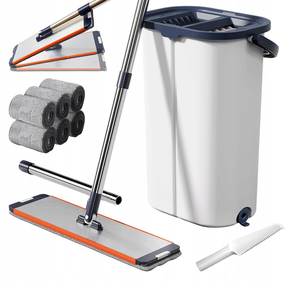 Levně Dvoukomorový Mop, Plochý Kbelík, Tyč Na Mop 132 CM S 6 Mikrovláknovými Utěrkami