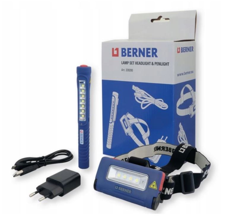 Latarka lampka czołowa + pen light + ładowarka zestaw lamp led BERNER Kod producenta 339200