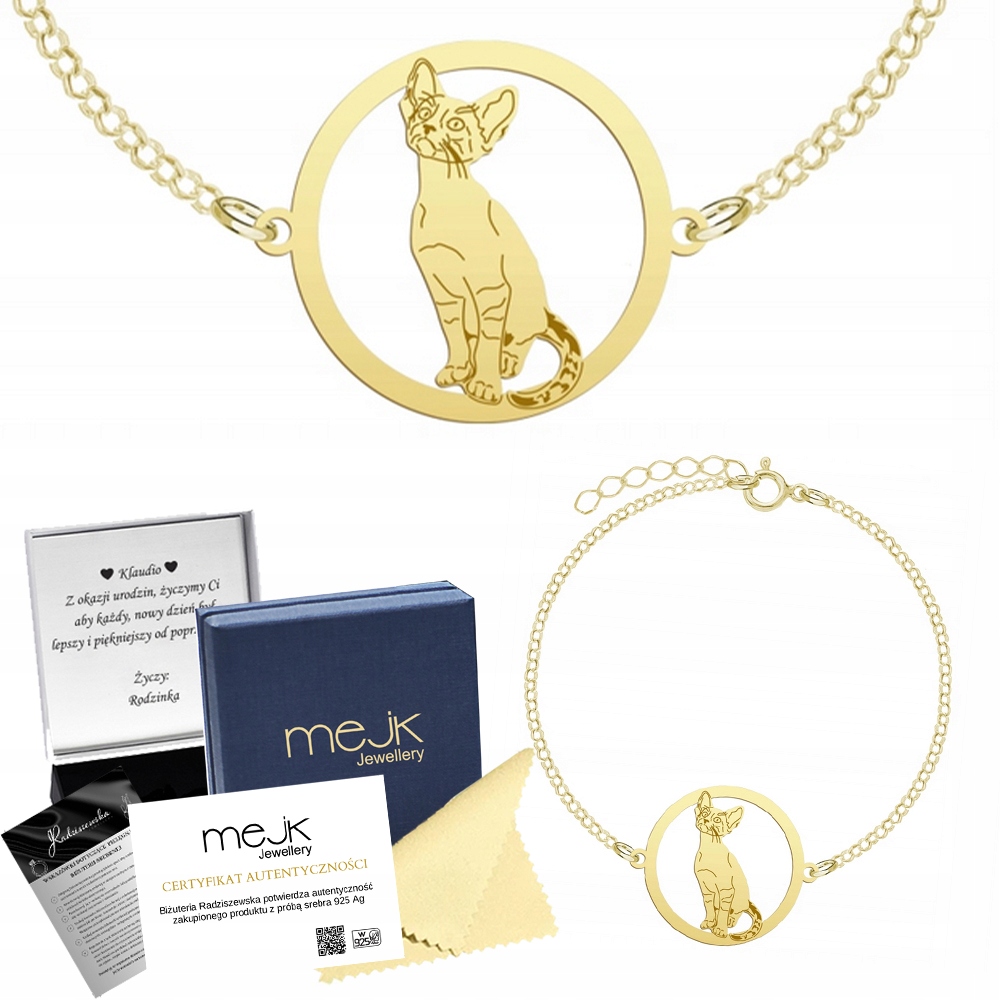 Zlatý náramek Siamská kočka 925 Řetízek Šperky Gravírování Bonus