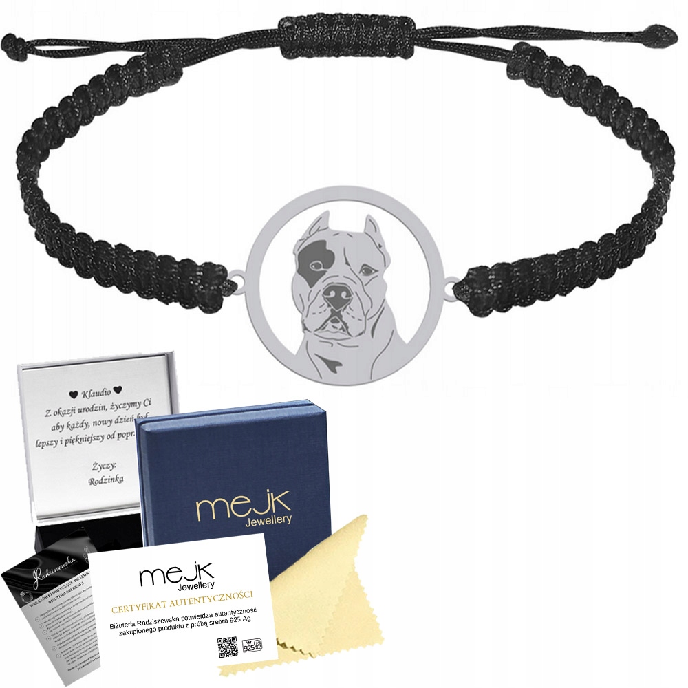 Stříbrný náramek s argentinským psem 925 Makramé Dárek Gravírování Bonus