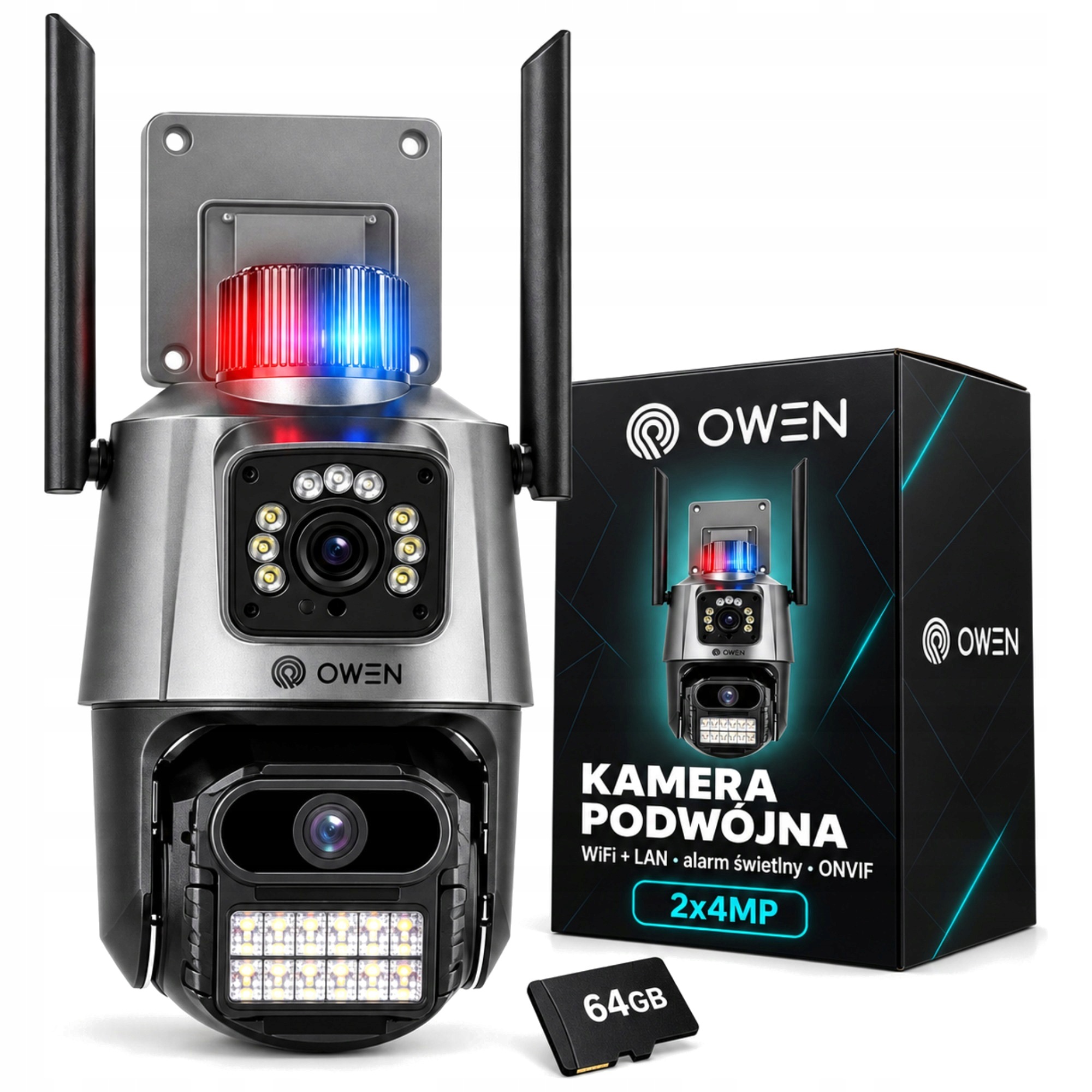 Venkovní WiFi kamera 2 objektivy 2x4MP otočný světelný alarm Onvif IP66